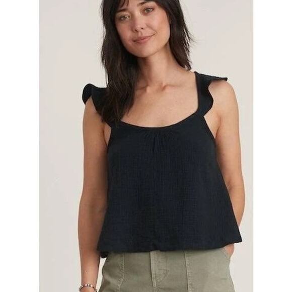 Marine Layer Jude Tank Top Ruffle Flutter Sleeve Crinkled Cotton Black NWT Large - Picture 2 of 8